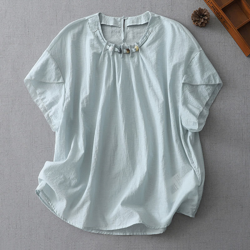 Buddha Stones Beads Crew Neck Design Cotton Short Sleeve Women's Shirt - LightBlue - US12，UK/AU16，EU44 (2XL) - image 0
