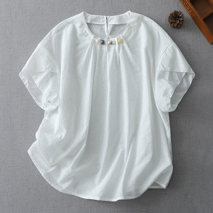 Buddha Stones Beads Crew Neck Design Cotton Short Sleeve Women's Shirt - White - US12，UK/AU16，EU44 (2XL) - image 5