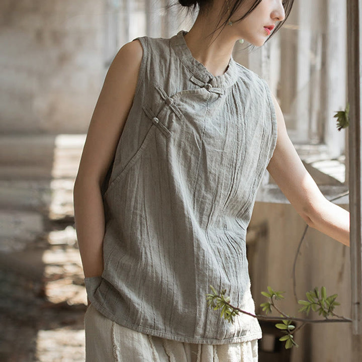 Buddha Stones Summer Tie-dye Frog-Button Ramie Cotton Sleeveless Women's Vest - LightGrey - US4，UK/AU8，EU36 (F) - image 19