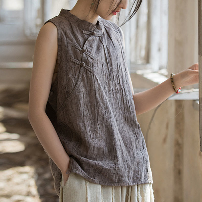 Buddha Stones Summer Tie-dye Frog-Button Ramie Cotton Sleeveless Women's Vest - Tan - US4，UK/AU8，EU36 (F) - image 12