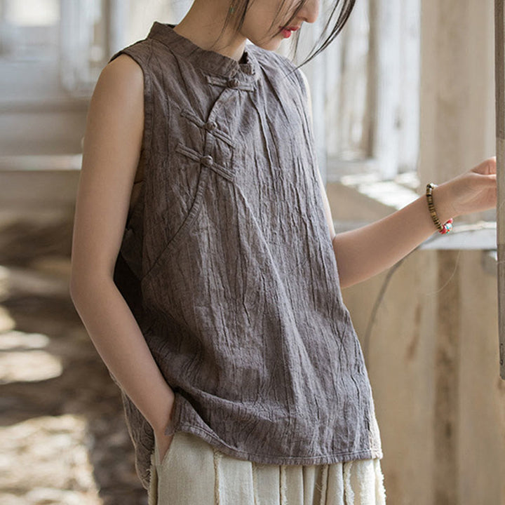 Buddha Stones Summer Tie-dye Frog-Button Ramie Cotton Sleeveless Women's Vest - Tan - US4，UK/AU8，EU36 (F) - image 12