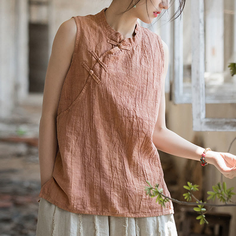 Buddha Stones Summer Tie-dye Frog-Button Ramie Cotton Sleeveless Women's Vest - PeachPuff - US4，UK/AU8，EU36 (F) - image 0