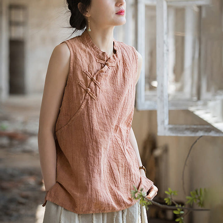 Buddha Stones Summer Tie-dye Frog-Button Ramie Cotton Sleeveless Women's Vest - image 2