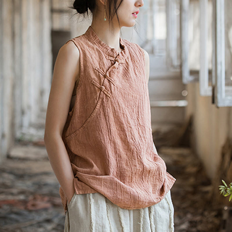 Buddha Stones Summer Tie-dye Frog-Button Ramie Cotton Sleeveless Women's Vest - image 7
