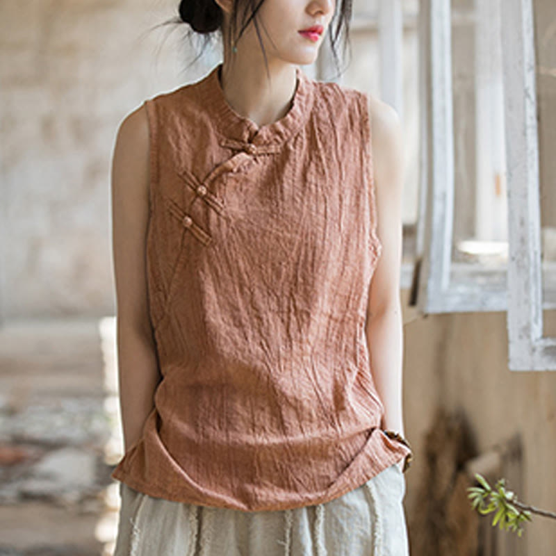 Buddha Stones Summer Tie-dye Frog-Button Ramie Cotton Sleeveless Women's Vest - image 10