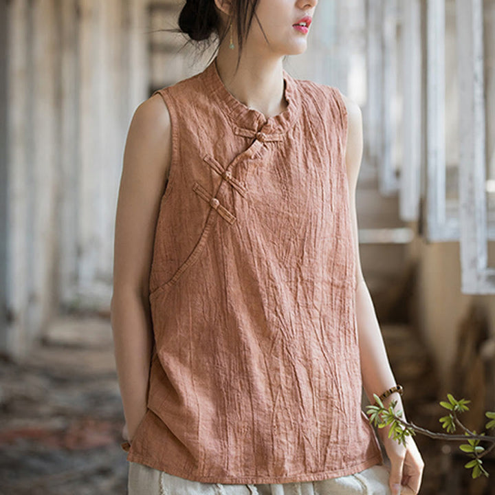 Buddha Stones Summer Tie-dye Frog-Button Ramie Cotton Sleeveless Women's Vest - image 5