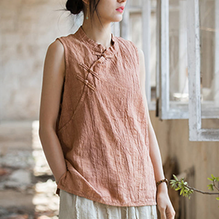 Buddha Stones Summer Tie-dye Frog-Button Ramie Cotton Sleeveless Women's Vest - image 6
