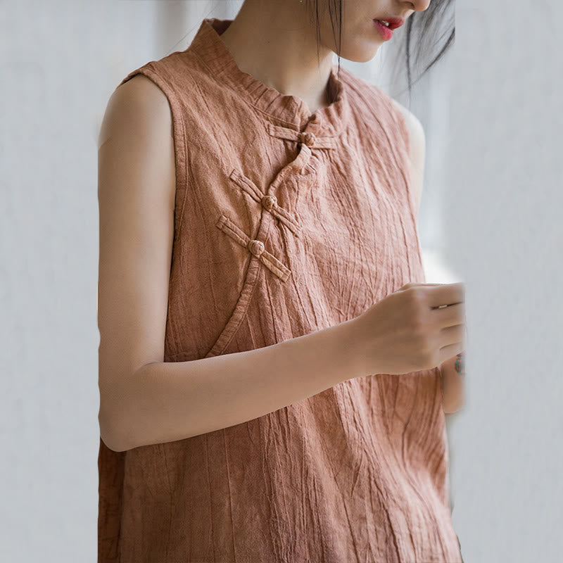 Buddha Stones Summer Tie-dye Frog-Button Ramie Cotton Sleeveless Women's Vest - image 4