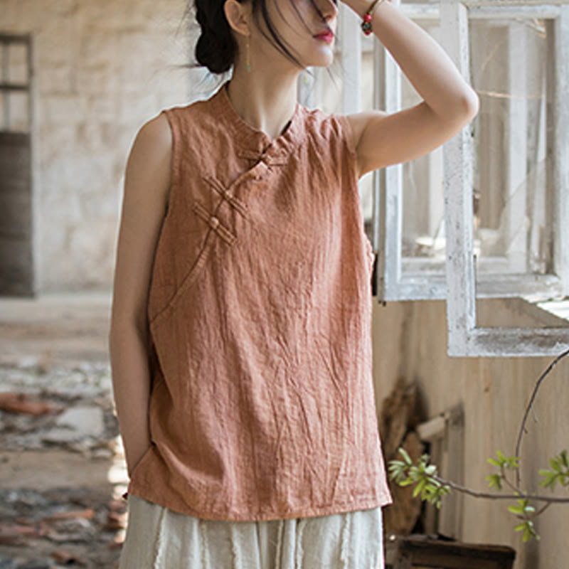 Buddha Stones Summer Tie-dye Frog-Button Ramie Cotton Sleeveless Women's Vest - image 8