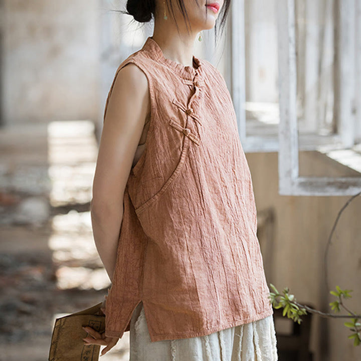 Buddha Stones Summer Tie-dye Frog-Button Ramie Cotton Sleeveless Women's Vest - image 1