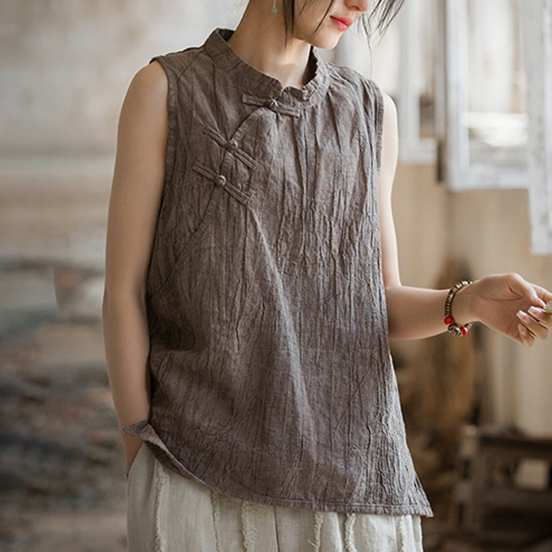 Buddha Stones Summer Tie-dye Frog-Button Ramie Cotton Sleeveless Women's Vest - image 13