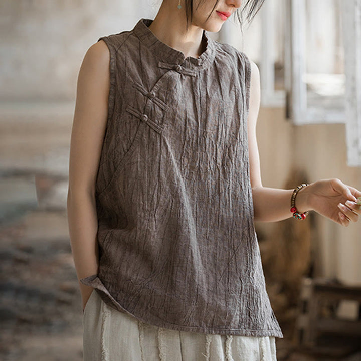 Buddha Stones Summer Tie-dye Frog-Button Ramie Cotton Sleeveless Women's Vest - image 13