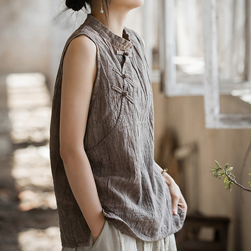 Buddha Stones Summer Tie-dye Frog-Button Ramie Cotton Sleeveless Women's Vest - image 14