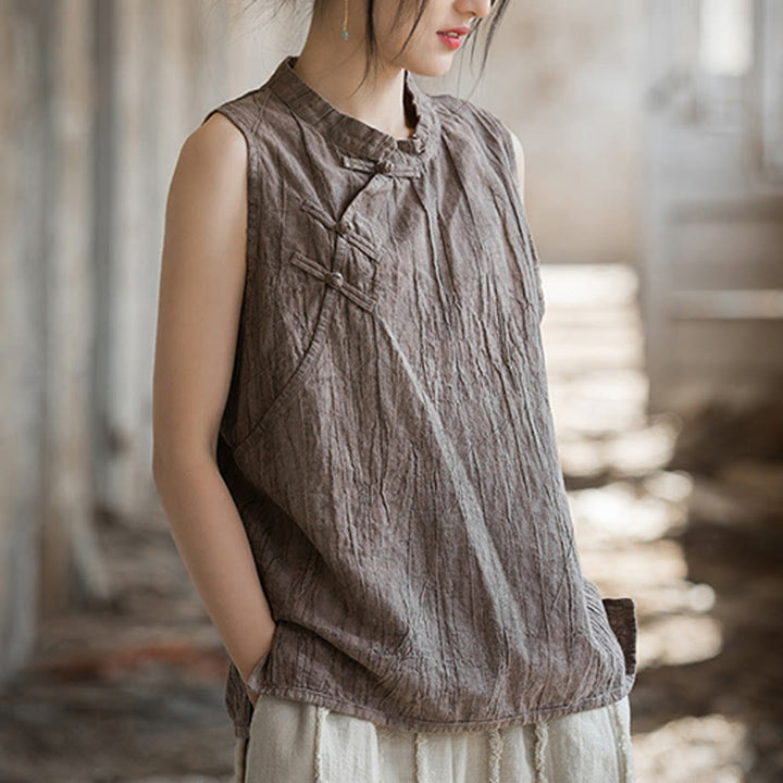 Buddha Stones Summer Tie-dye Frog-Button Ramie Cotton Sleeveless Women's Vest - image 15