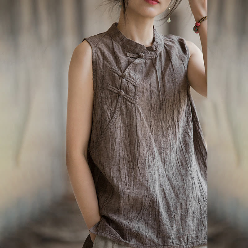Buddha Stones Summer Tie-dye Frog-Button Ramie Cotton Sleeveless Women's Vest - image 16