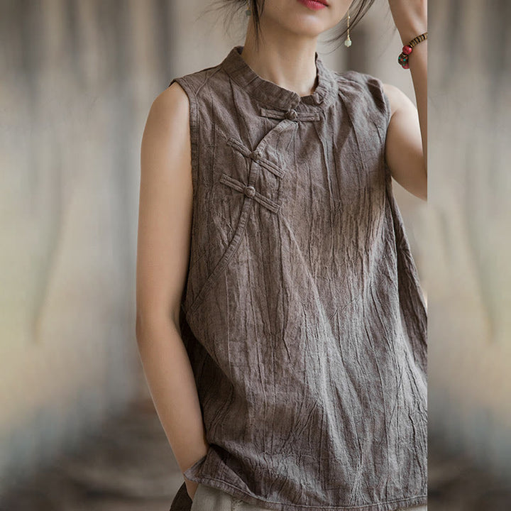 Buddha Stones Summer Tie-dye Frog-Button Ramie Cotton Sleeveless Women's Vest - image 16