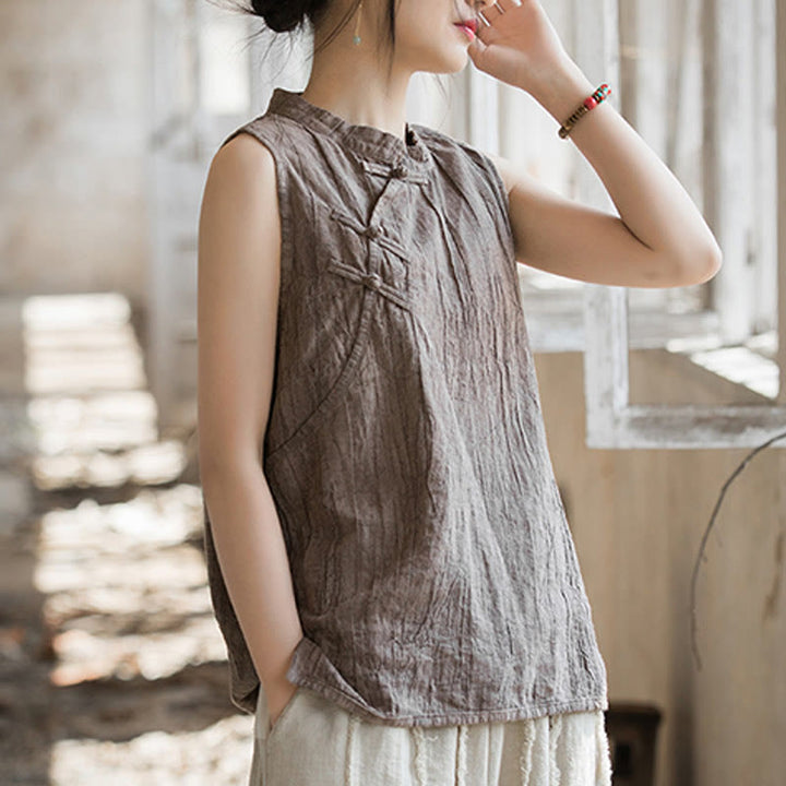 Buddha Stones Summer Tie-dye Frog-Button Ramie Cotton Sleeveless Women's Vest - image 17