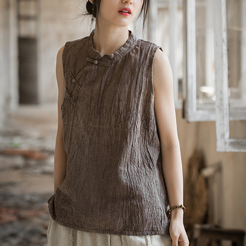 Buddha Stones Summer Tie-dye Frog-Button Ramie Cotton Sleeveless Women's Vest - image 18