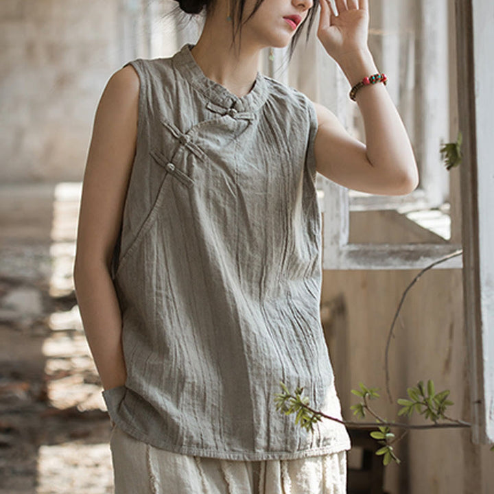 Buddha Stones Summer Tie-dye Frog-Button Ramie Cotton Sleeveless Women's Vest - image 21