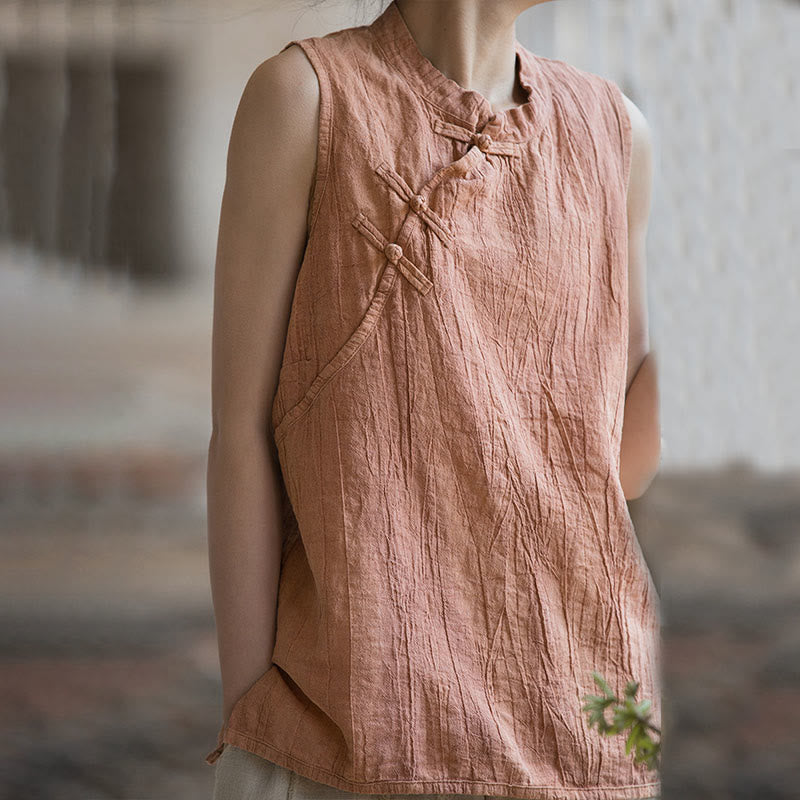Buddha Stones Summer Tie-dye Frog-Button Ramie Cotton Sleeveless Women's Vest - image 9
