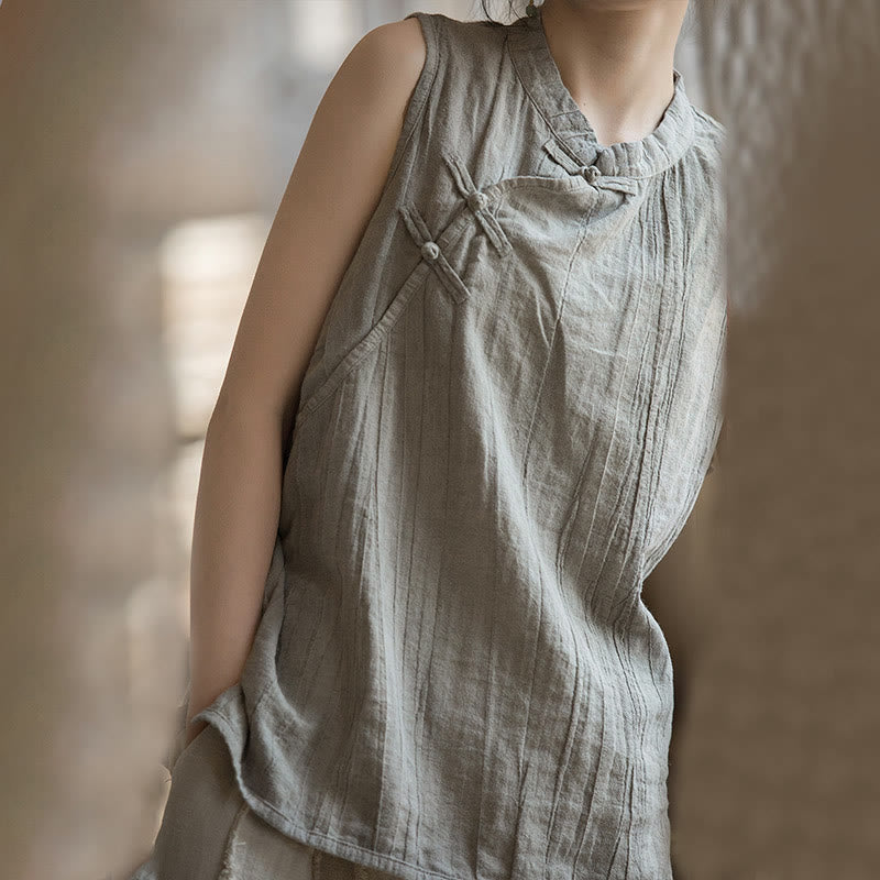 Buddha Stones Summer Tie-dye Frog-Button Ramie Cotton Sleeveless Women's Vest - image 22