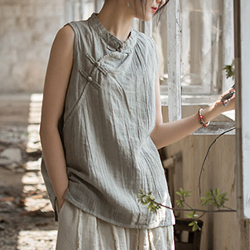 Buddha Stones Summer Tie-dye Frog-Button Ramie Cotton Sleeveless Women's Vest - image 23