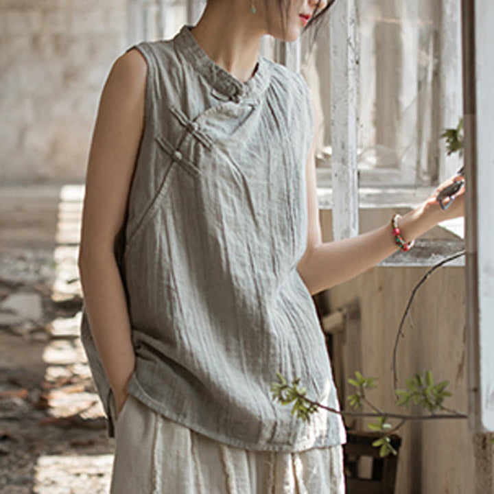 Buddha Stones Summer Tie-dye Frog-Button Ramie Cotton Sleeveless Women's Vest - image 23