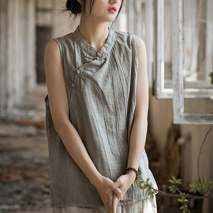 Buddha Stones Summer Tie-dye Frog-Button Ramie Cotton Sleeveless Women's Vest - image 20