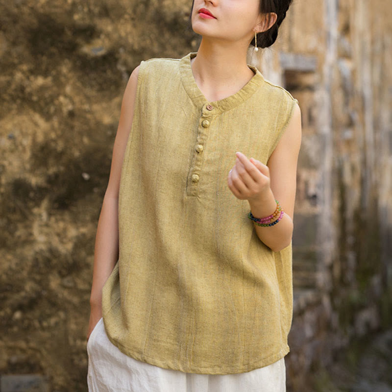 Buddha Stones Summer Tie-dye Buttons Linen Sleeveless Women's Vest - PaleGoldenrod - US4-6，UK/AU8-10，EU36-38 (F) - image 0