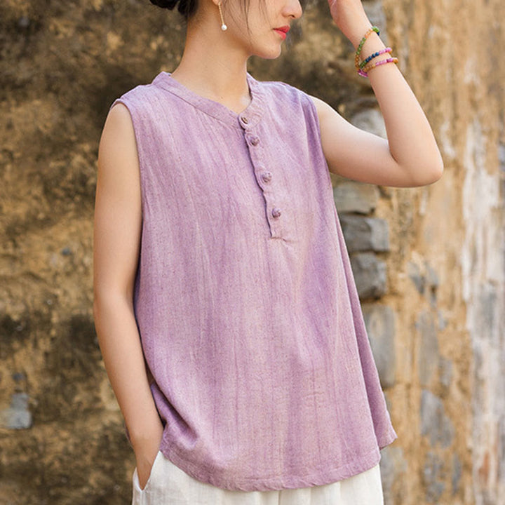 Buddha Stones Summer Tie-dye Buttons Linen Sleeveless Women's Vest - Plum - US4-6，UK/AU8-10，EU36-38 (F) - image 9