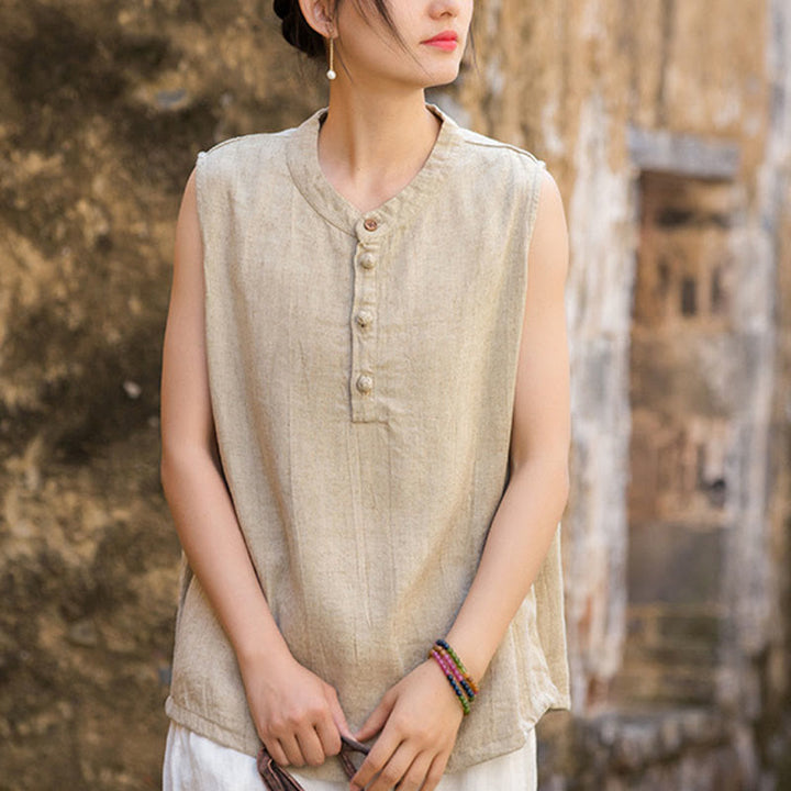 Buddha Stones Summer Tie-dye Buttons Linen Sleeveless Women's Vest - Beige - US4-6，UK/AU8-10，EU36-38 (F) - image 20