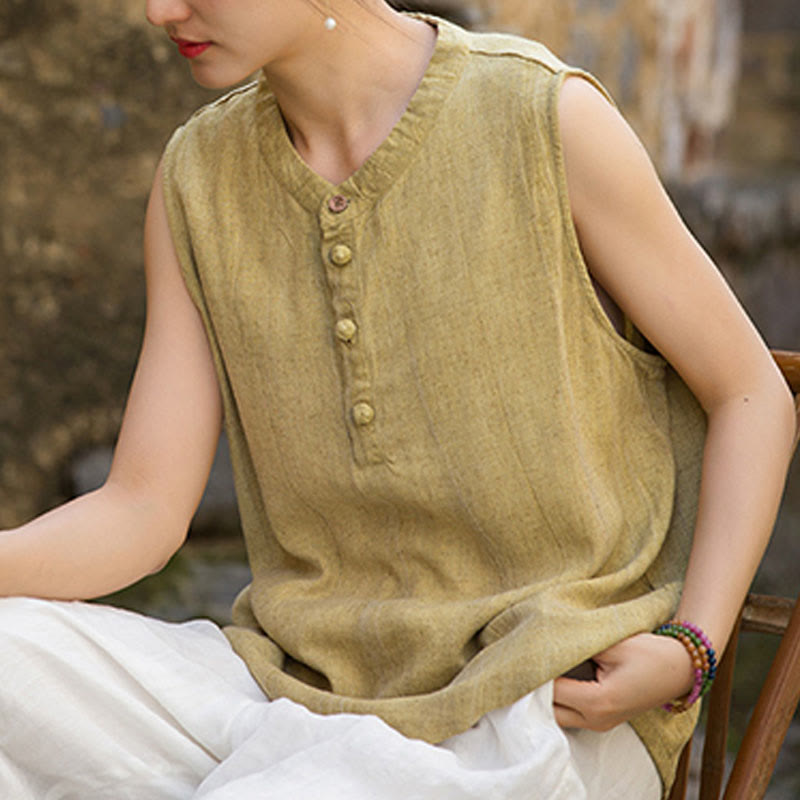 Buddha Stones Summer Tie-dye Buttons Linen Sleeveless Women's Vest - image 5