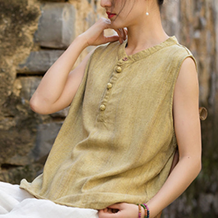 Buddha Stones Summer Tie-dye Buttons Linen Sleeveless Women's Vest - image 6
