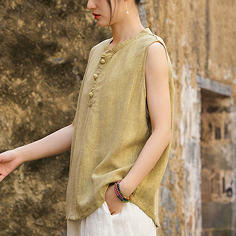 Buddha Stones Summer Tie-dye Buttons Linen Sleeveless Women's Vest - image 3