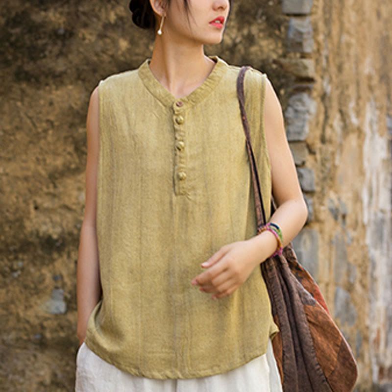 Buddha Stones Summer Tie-dye Buttons Linen Sleeveless Women's Vest - image 4