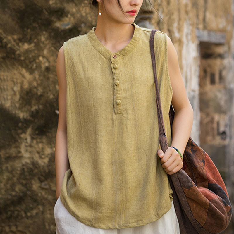 Buddha Stones Summer Tie-dye Buttons Linen Sleeveless Women's Vest - image 1