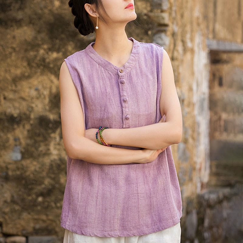 Buddha Stones Summer Tie-dye Buttons Linen Sleeveless Women's Vest - image 10