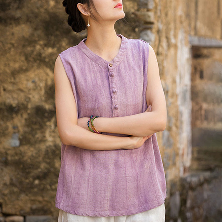 Buddha Stones Summer Tie-dye Buttons Linen Sleeveless Women's Vest - image 10
