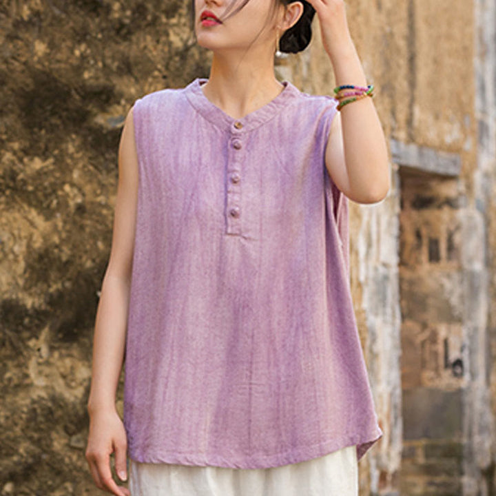 Buddha Stones Summer Tie-dye Buttons Linen Sleeveless Women's Vest - image 13