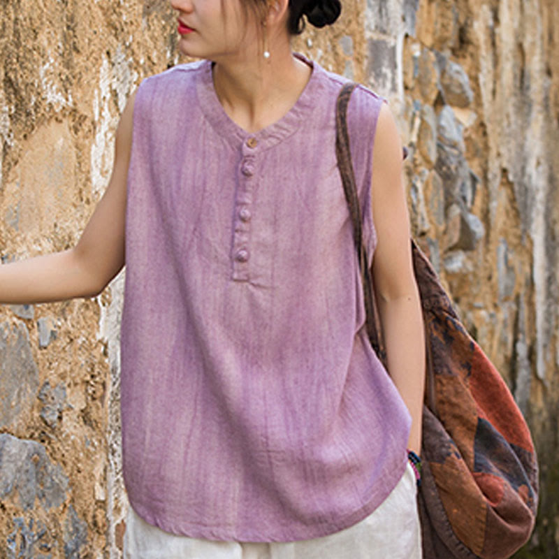 Buddha Stones Summer Tie-dye Buttons Linen Sleeveless Women's Vest - image 15