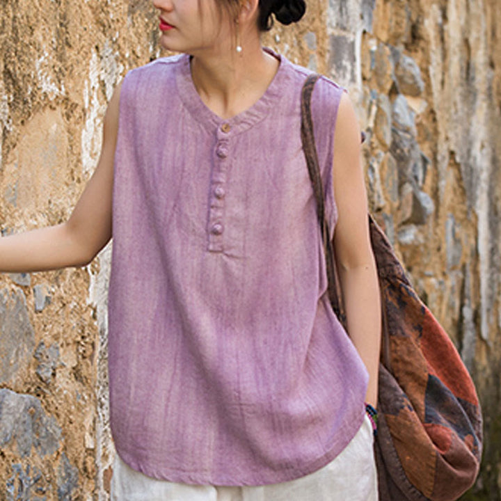 Buddha Stones Summer Tie-dye Buttons Linen Sleeveless Women's Vest - image 15