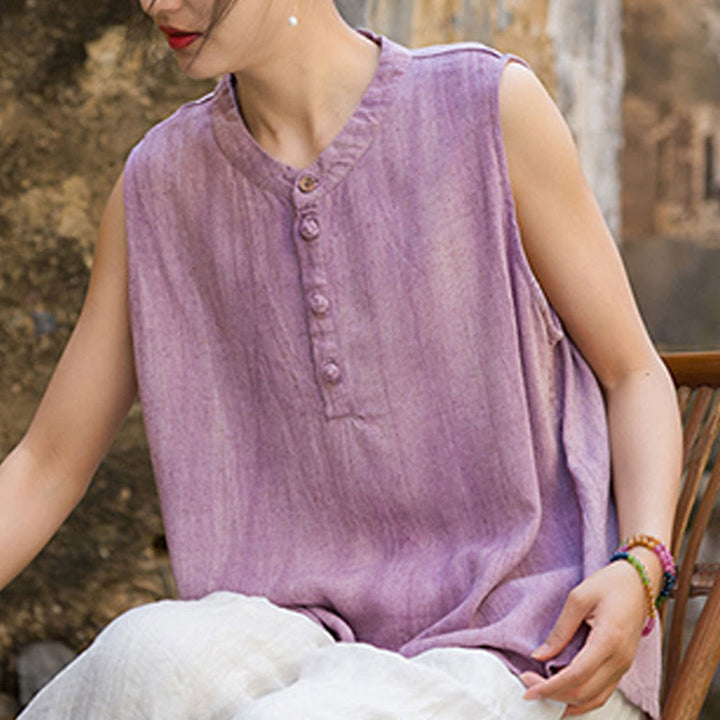 Buddha Stones Summer Tie-dye Buttons Linen Sleeveless Women's Vest - image 16