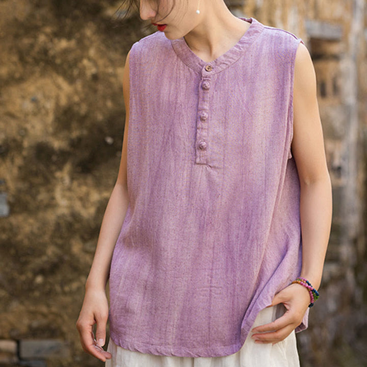 Buddha Stones Summer Tie-dye Buttons Linen Sleeveless Women's Vest - image 12