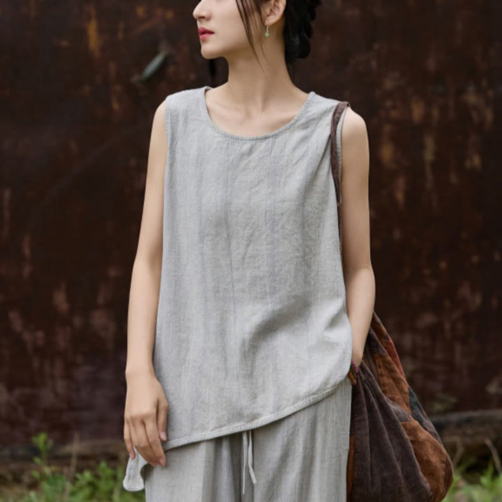 Buddha Stones Summer Tie-dye Linen Crew Neck Sleeveless Women's Vest - LightGrey - US4，UK/AU8，EU36 (F) - image 15