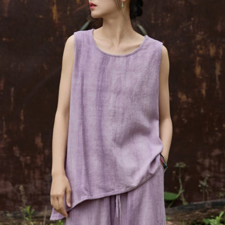 Buddha Stones Summer Tie-dye Linen Crew Neck Sleeveless Women's Vest - Plum - US4，UK/AU8，EU36 (F) - image 0