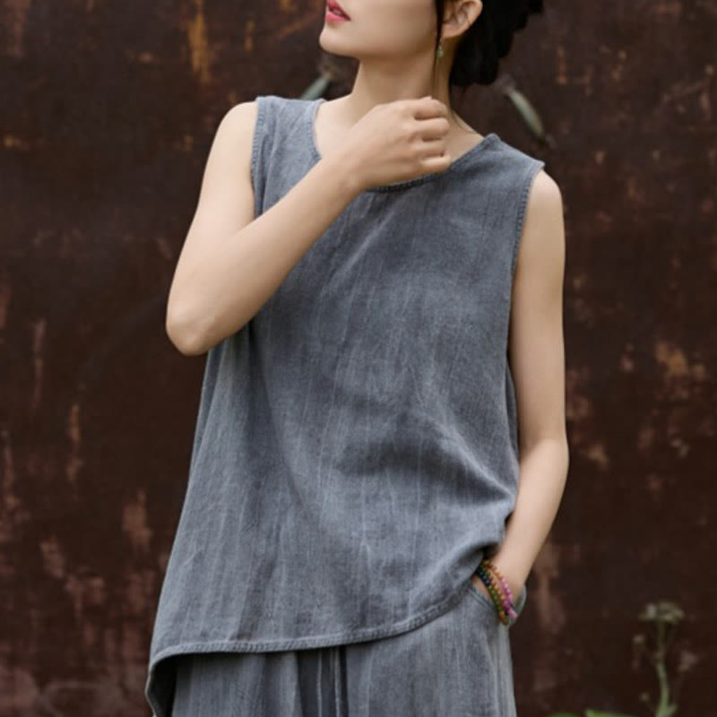 Buddha Stones Summer Tie-dye Linen Crew Neck Sleeveless Women's Vest - DimGray - US4，UK/AU8，EU36 (F) - image 9
