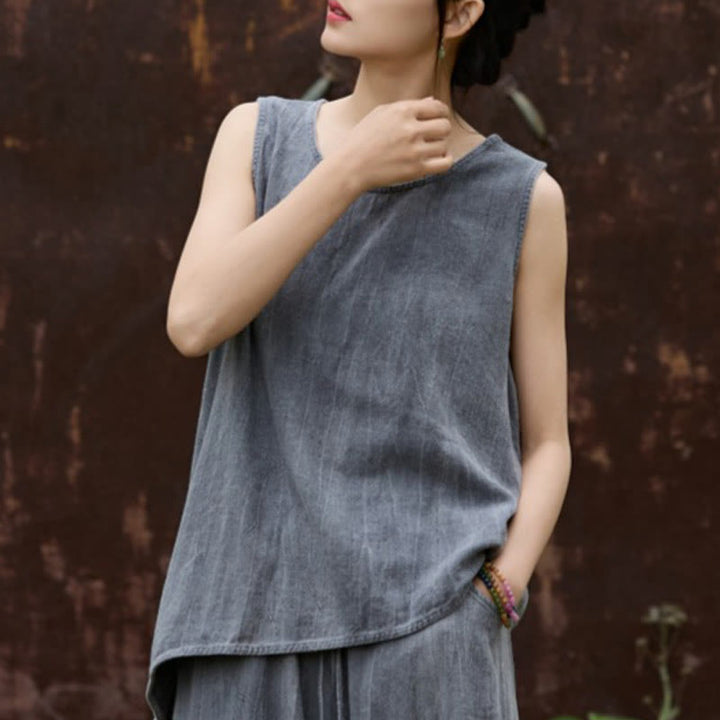 Buddha Stones Summer Tie-dye Linen Crew Neck Sleeveless Women's Vest - DimGray - US4，UK/AU8，EU36 (F) - image 9