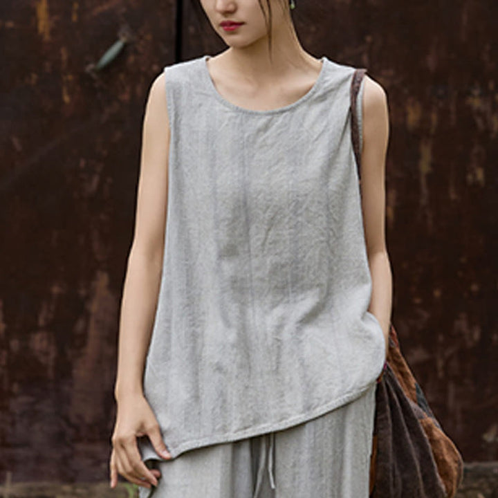 Buddha Stones Summer Tie-dye Linen Crew Neck Sleeveless Women's Vest - image 18