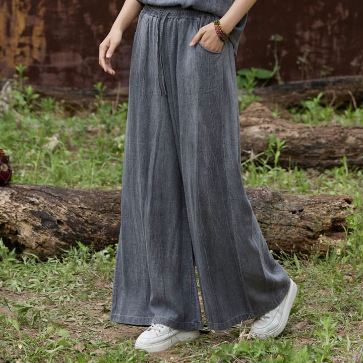 Buddha Stones Casual Tie-Dye Women's Linen Wide Leg Pants With Pockets - DimGray - US4，UK/AU8，EU36 (F) - image 8