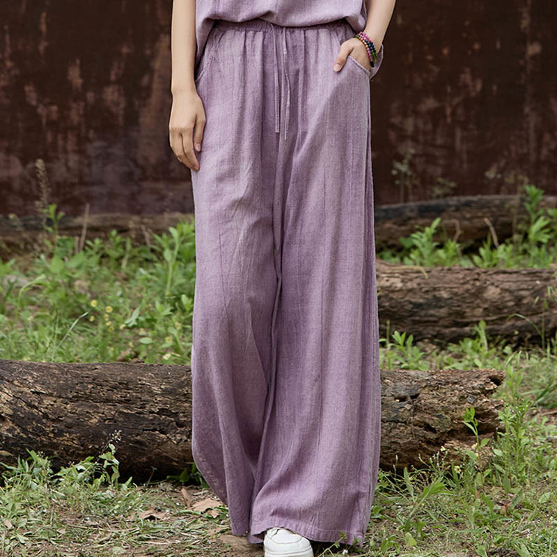 Buddha Stones Casual Tie-Dye Women's Linen Wide Leg Pants With Pockets - Plum - US4，UK/AU8，EU36 (F) - image 0
